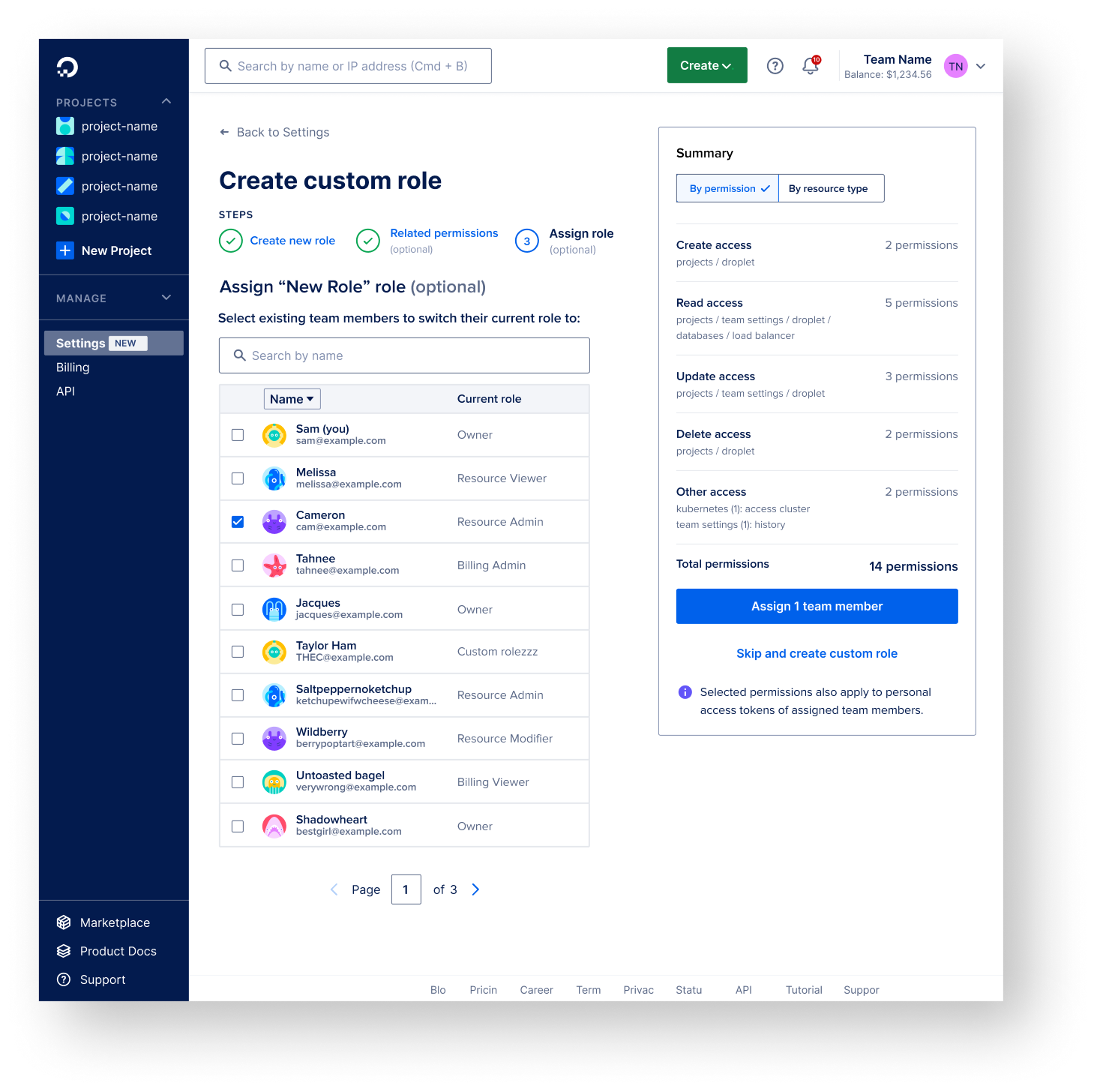 Create custom role: assign optional step with team member table, search, and summary sidebar with permission totals