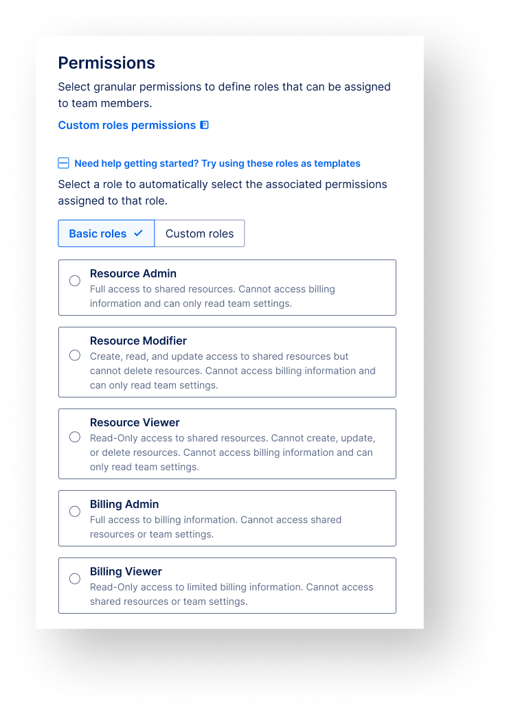 Permissions step with Basic roles and Custom roles templates to pre-fill granular permission selections