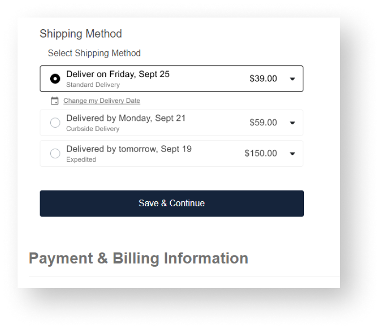 Checkout delivery scheduling date picker integrated into the checkout flow