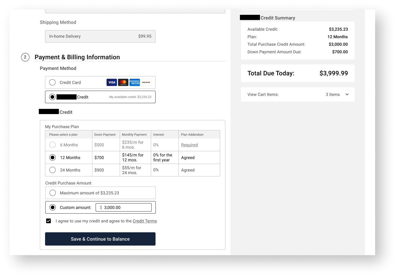 Checkout financing step showing revolving credit payment option