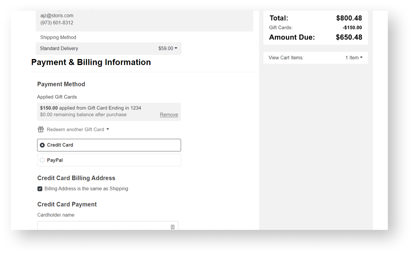 Checkout gift card entry field integrated into payment step