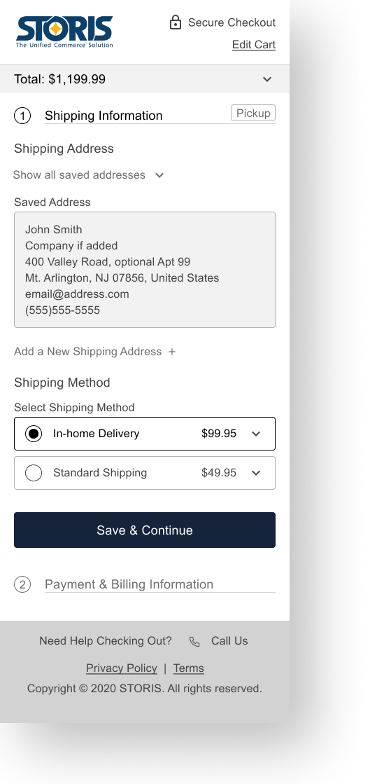 STORIS mobile secure checkout: shipping information step