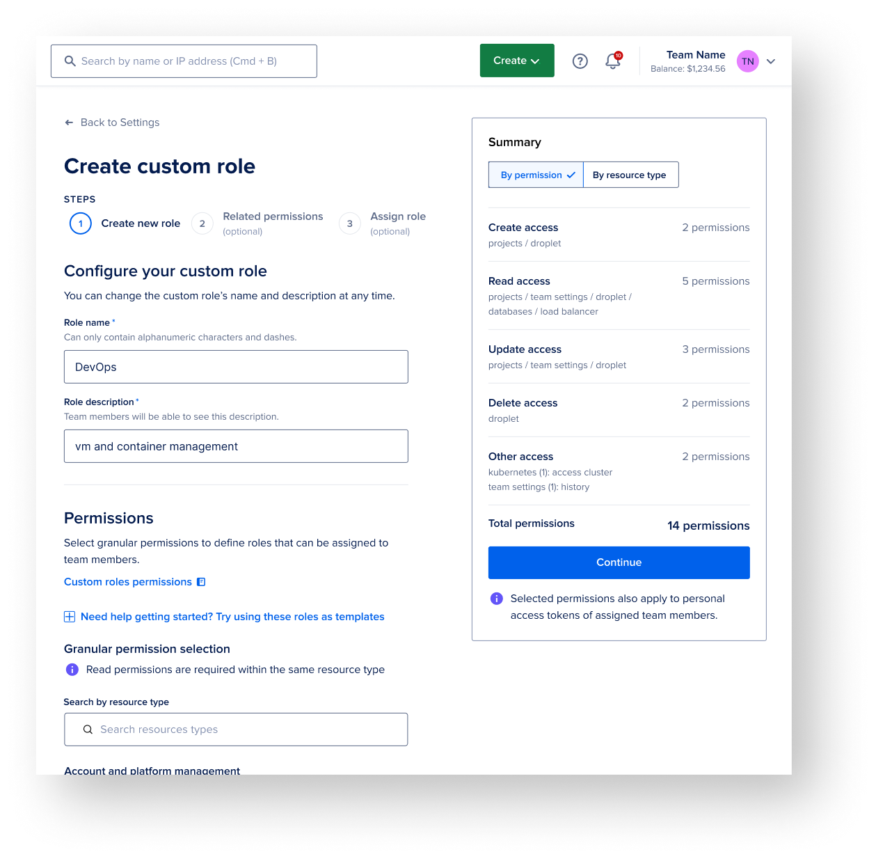Create custom role flow with stepper, role details, granular permissions, and summary sidebar with permission totals