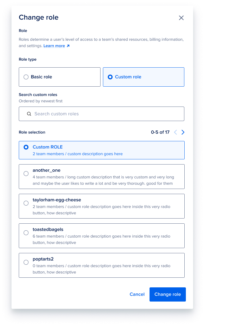 Change role modal with custom role search and role selection list in DigitalOcean team settings