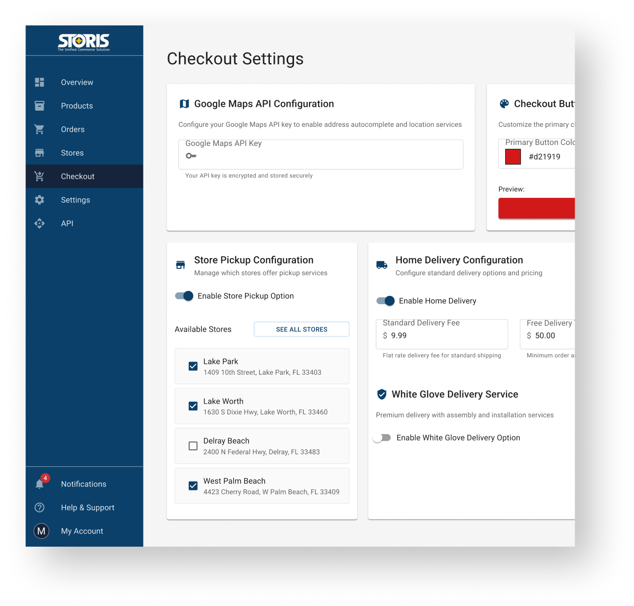 STORIS admin Checkout Settings with delivery options and store pickup