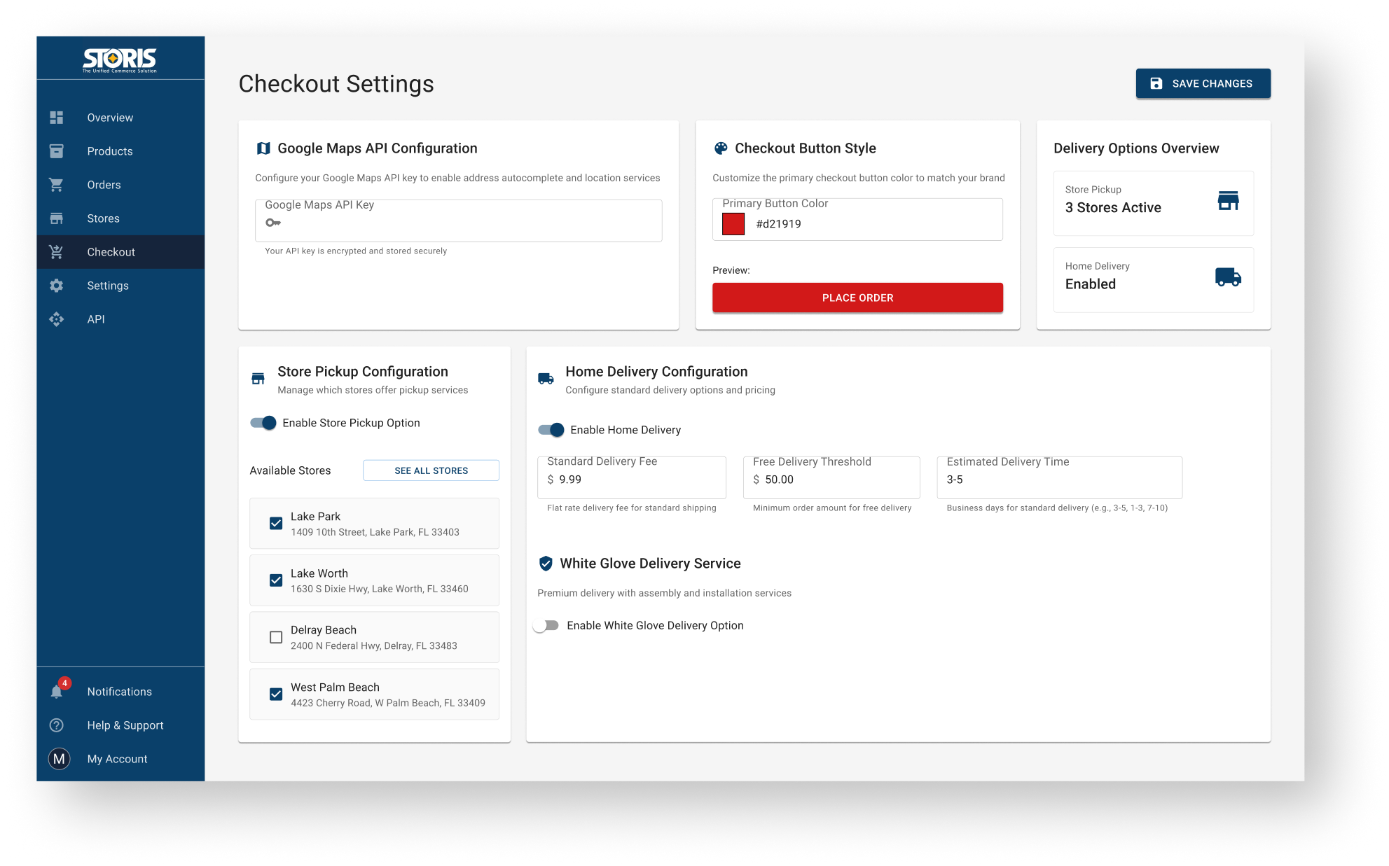 STORIS Checkout Settings dashboard: admin sidebar, Google Maps API key, checkout button style preview, store pickup and home delivery configuration