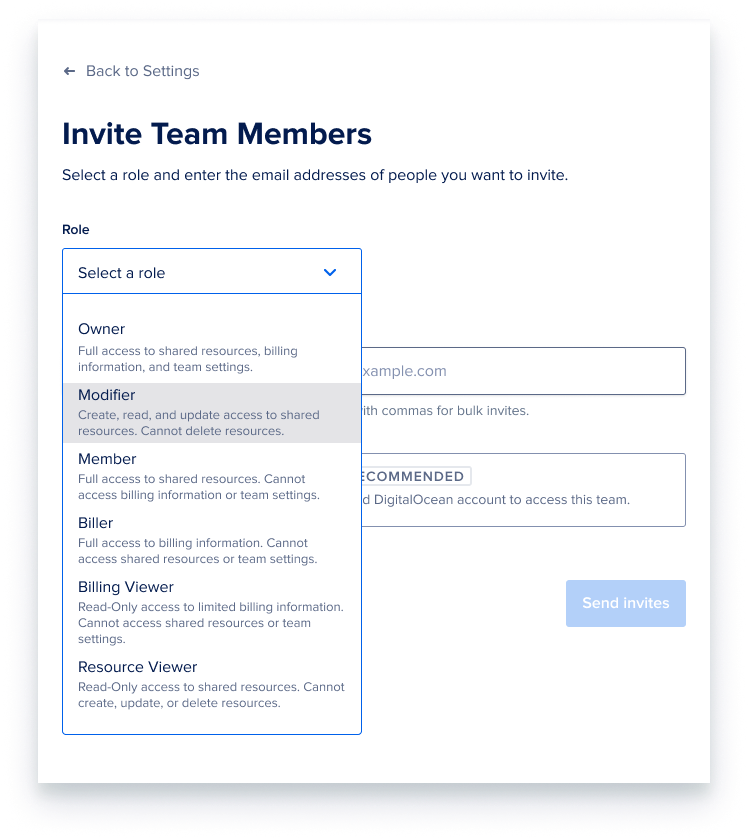 Invite team members screen showing member list and roles