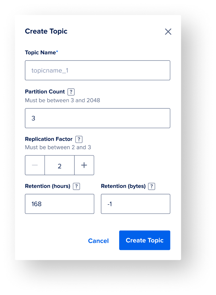 Create Topic form with partition count, replication factor, and retention settings with tooltips