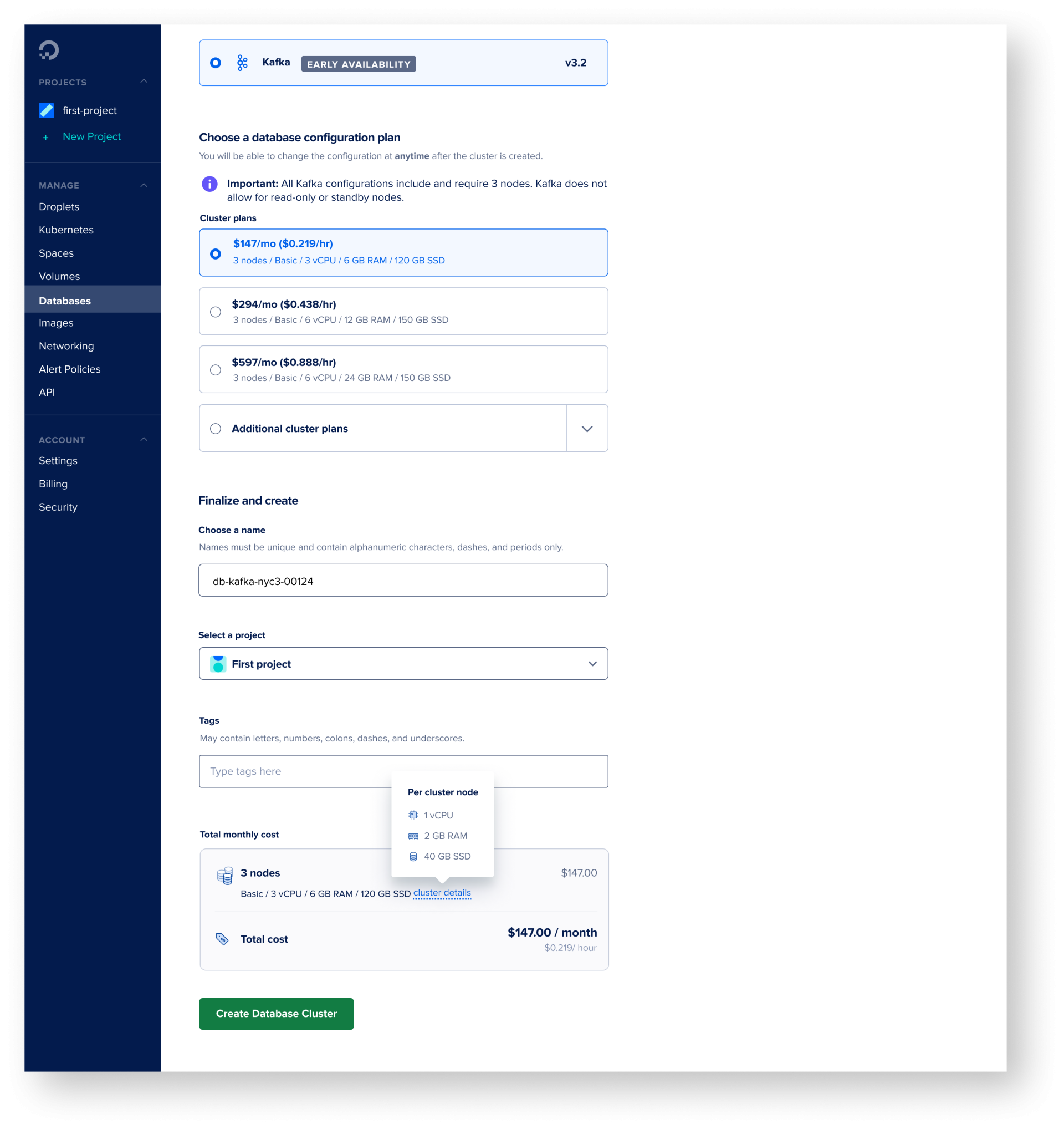 Kafka cluster create flow showing 3-node configuration and pricing breakdown