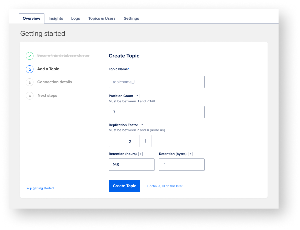 Kafka onboarding flow guiding users to set up their first Topic and connect