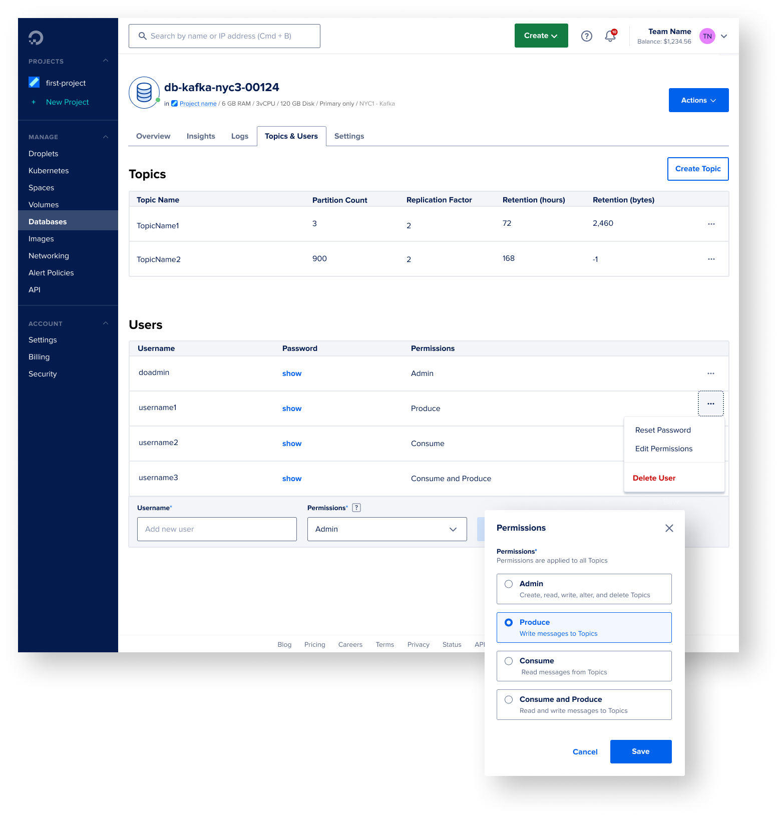 Kafka cluster overview showing Topics and Users tables