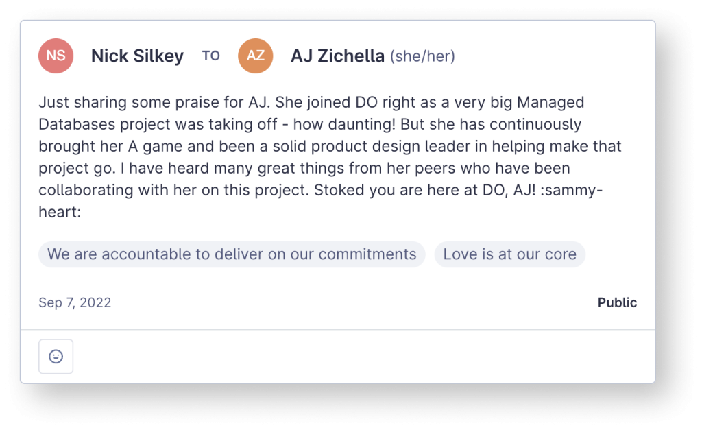 Peer feedback recognition message praising collaboration on Managed Kafka launch.