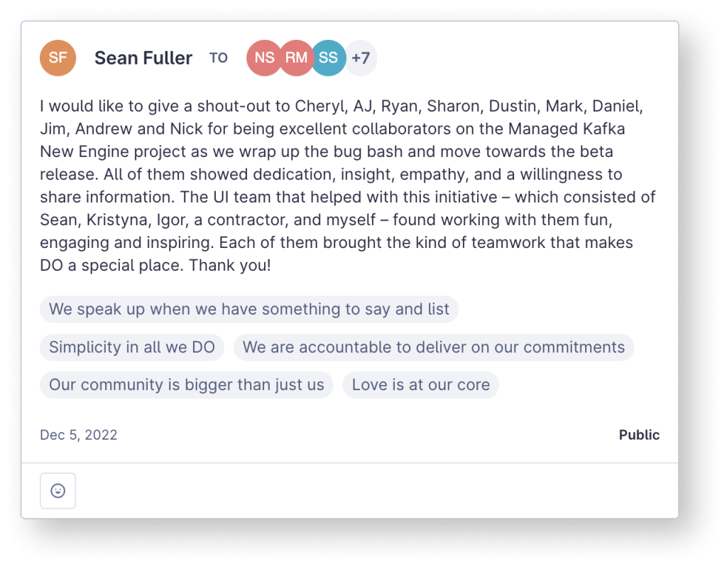 Peer feedback message highlighting AJ's product design leadership in Managed Databases.
