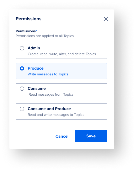 Kafka topic permissions modal with Admin, Produce, Consume, and Consume and Produce roles