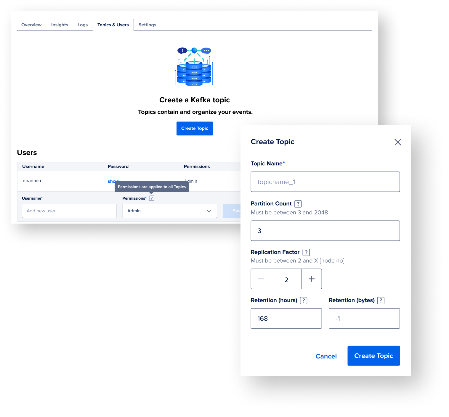 Kafka topic overview table showing topics list and user roles