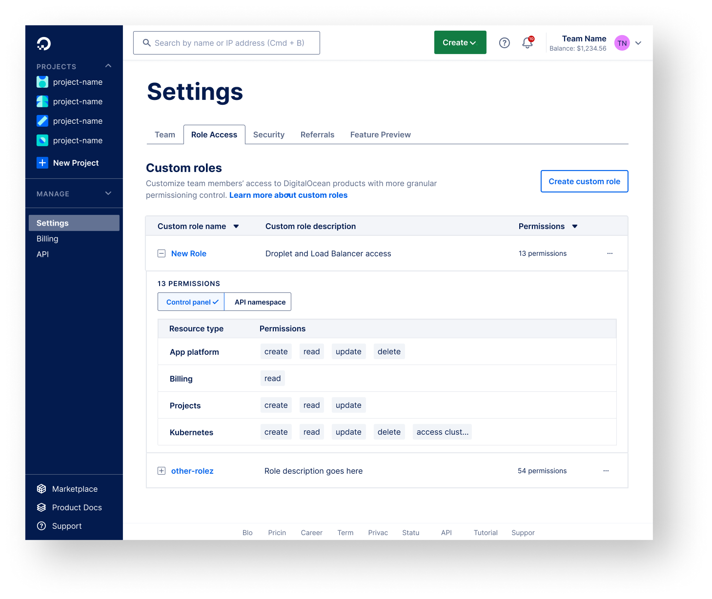 Role Access custom roles list with an expanded role showing control panel and API namespace permission breakdown