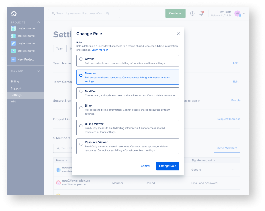 Change role modal listing Owner, Member, Modifier, Biller, Billing Viewer, and Resource Viewer with permission summaries