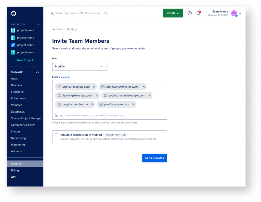Invite team members flow: Modifier role selected, multiple email chips, secure sign-in option, and send invites
