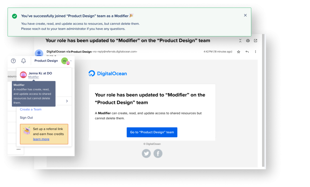 Email and in-product messaging explaining a user's updated team role