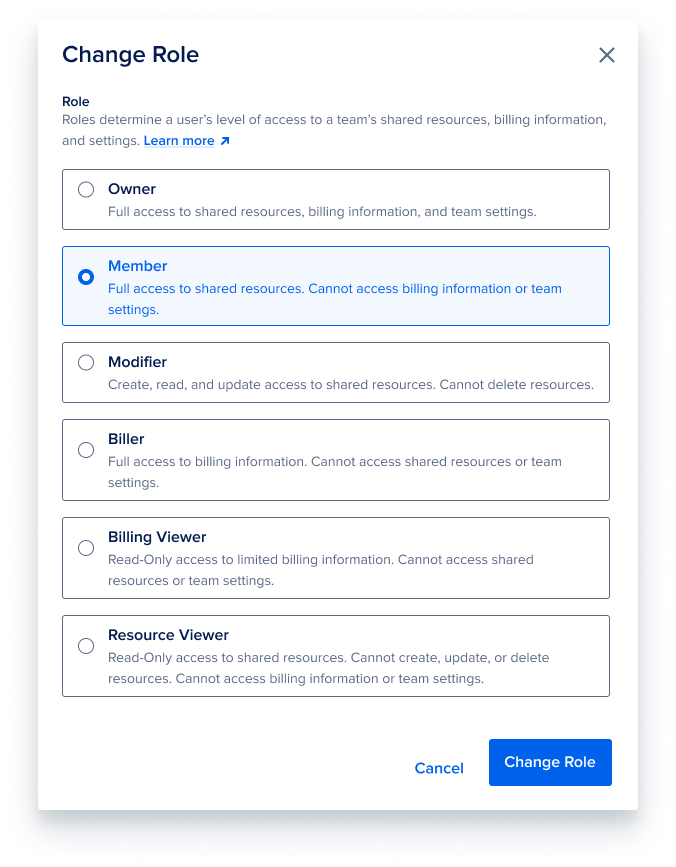Change role modal for assigning a predefined RBAC role