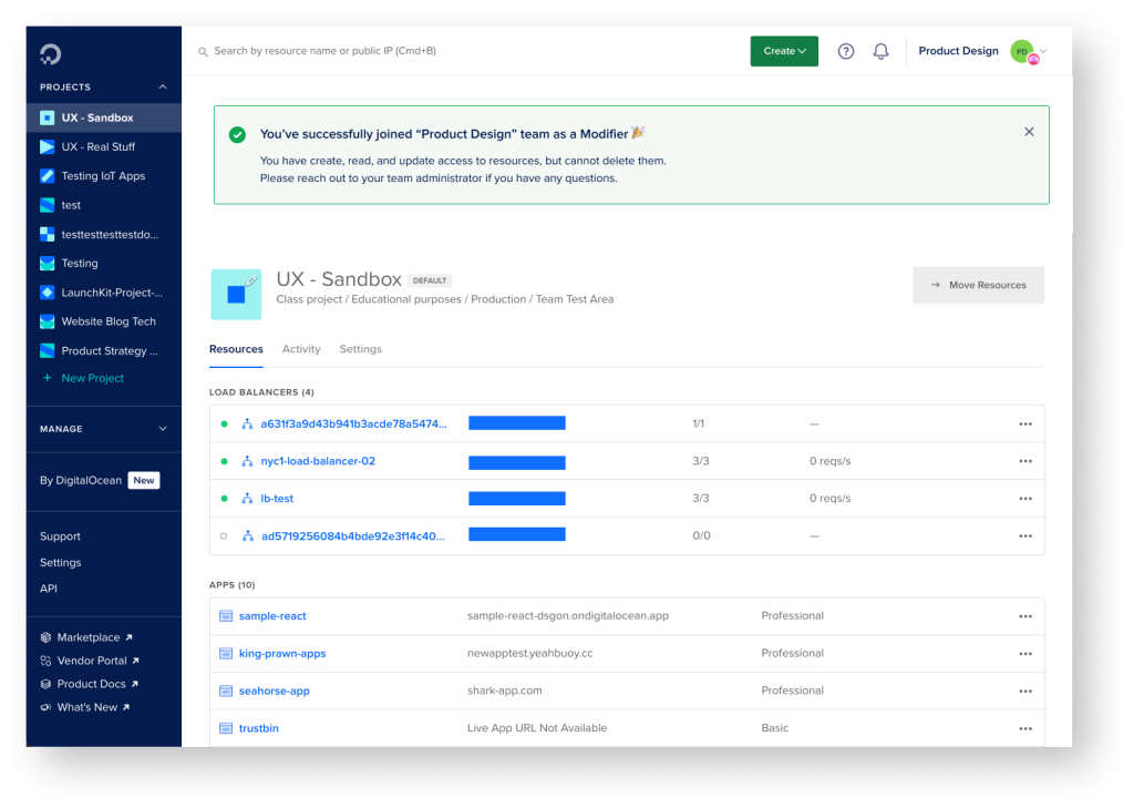 Success banner after joining a team as Modifier: create, read, and update access without delete, with link to team admin