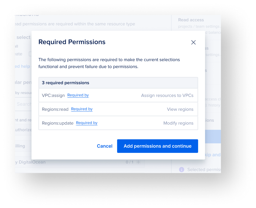 Required Permissions modal listing dependencies before Add permissions and continue